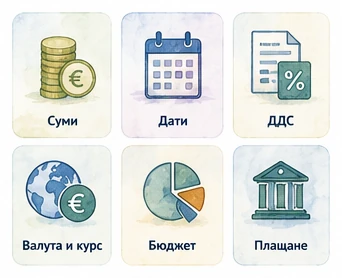 Финансово табло за суми, дати, ДДС, валута, бюджет, плащане и счетоводство