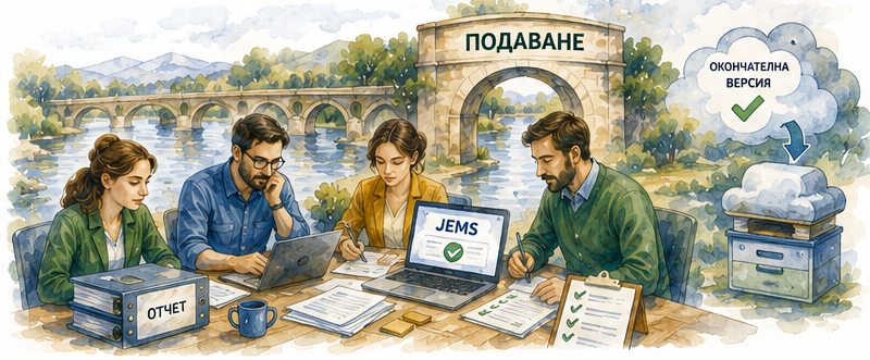 Екип извършва последна проверка на отчет преди подаване в JEMS
