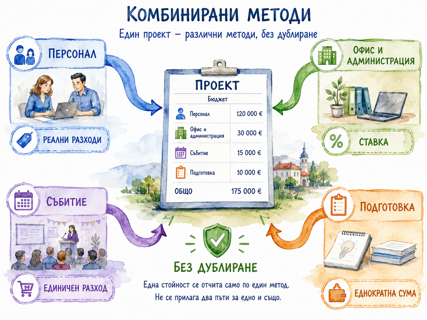 Акварелна схема на проектен бюджет с реални разходи, ставка, единичен разход и еднократна сума без дублиране