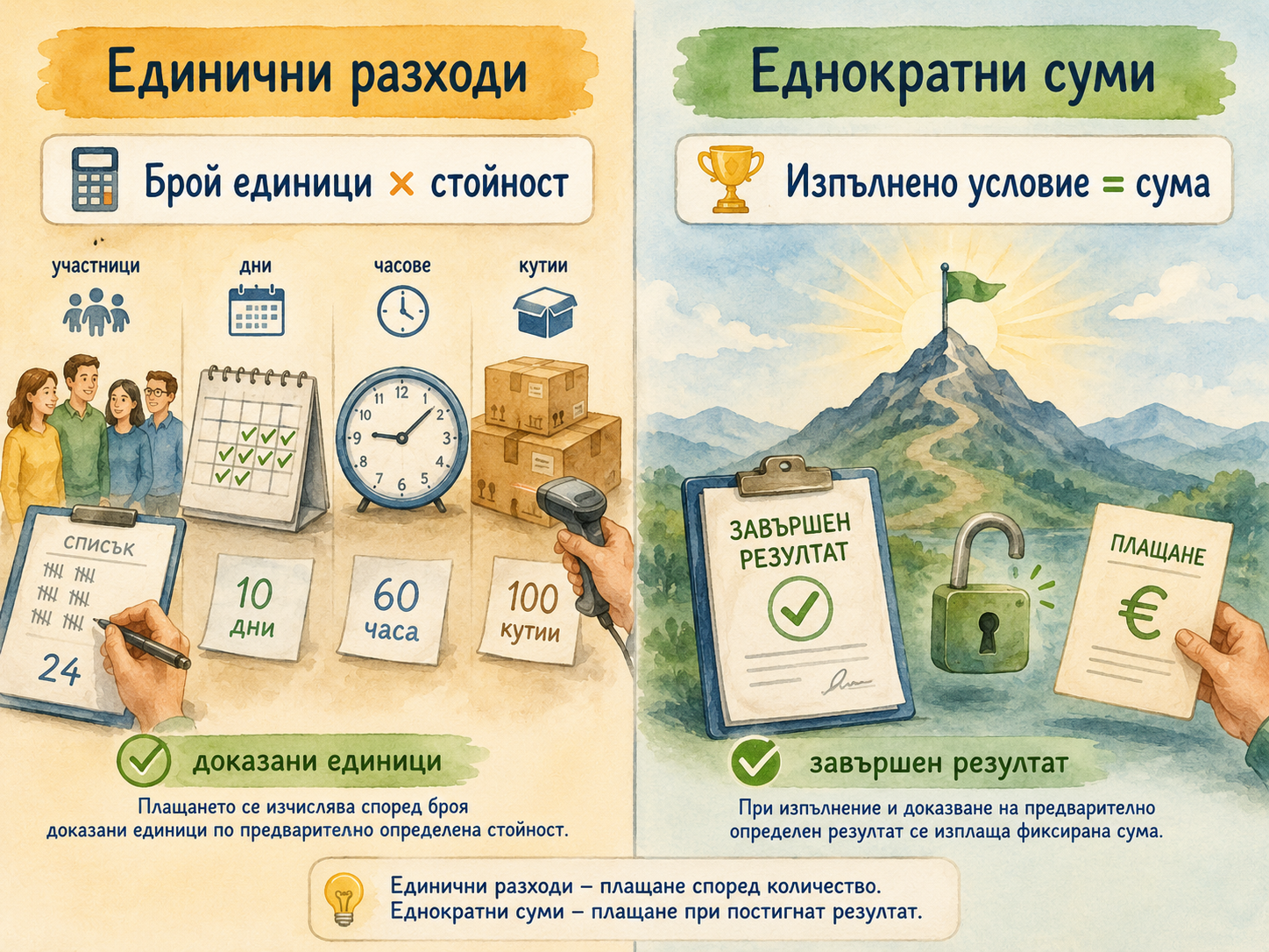 Акварелно сравнение между единичен разход според количество и еднократна сума според постигнат резултат