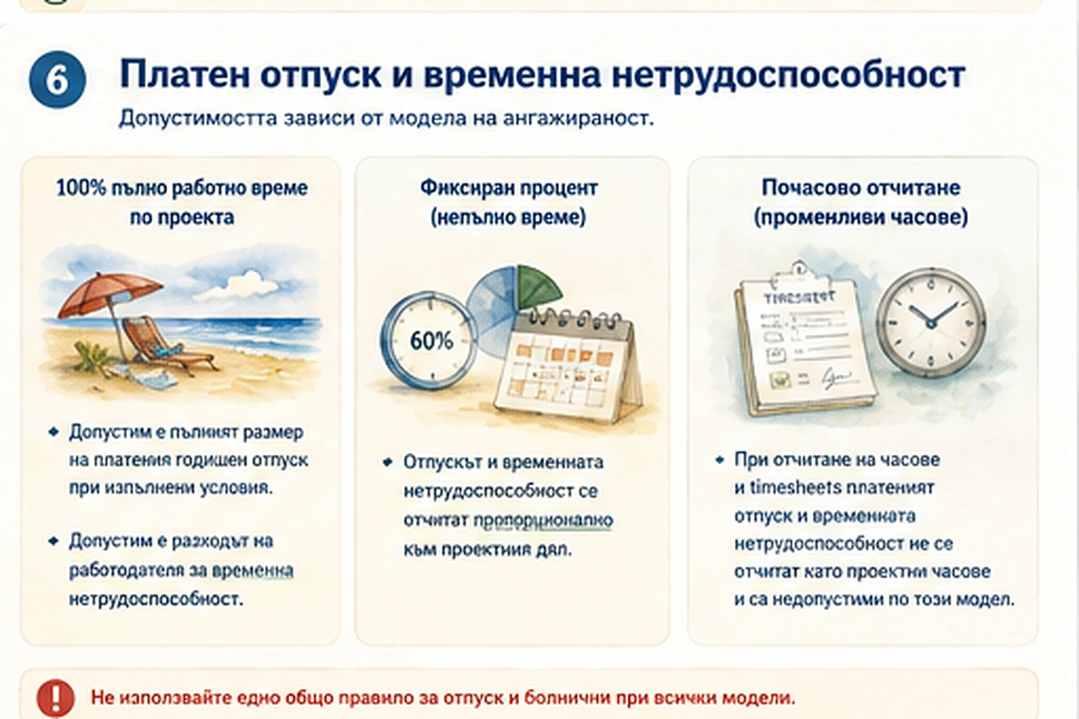 Сравнение на допустимостта на отпуск и временна нетрудоспособност при различни модели на ангажираност