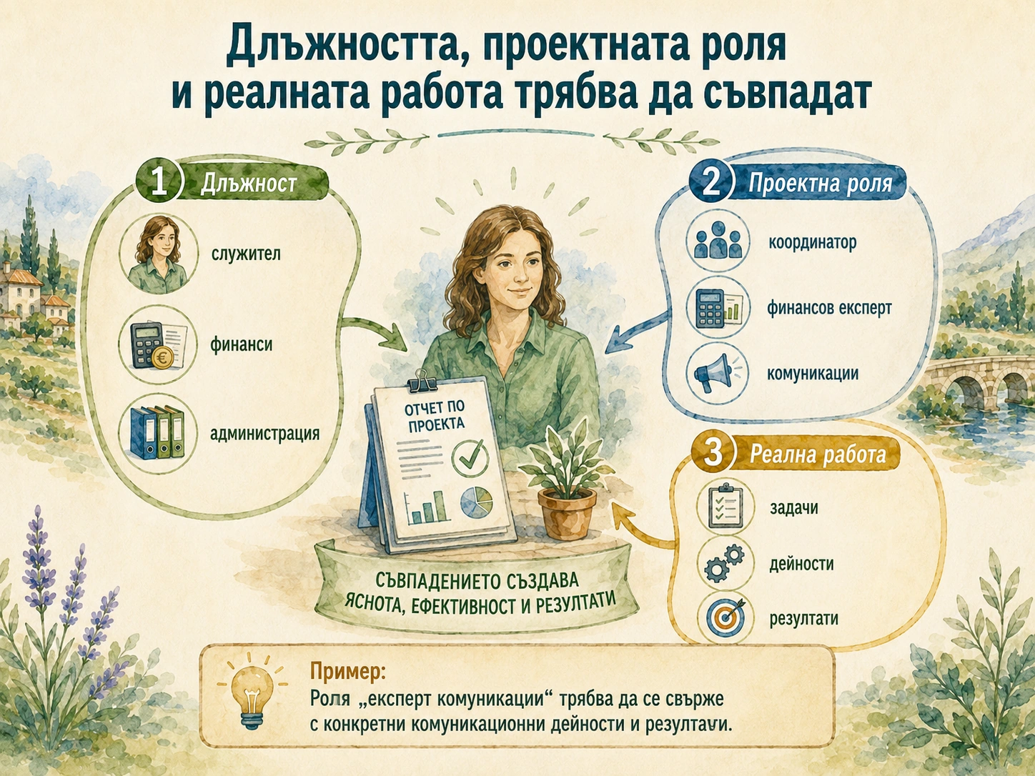 Акварелна схема на връзката между длъжността, проектната роля и реално извършената работа