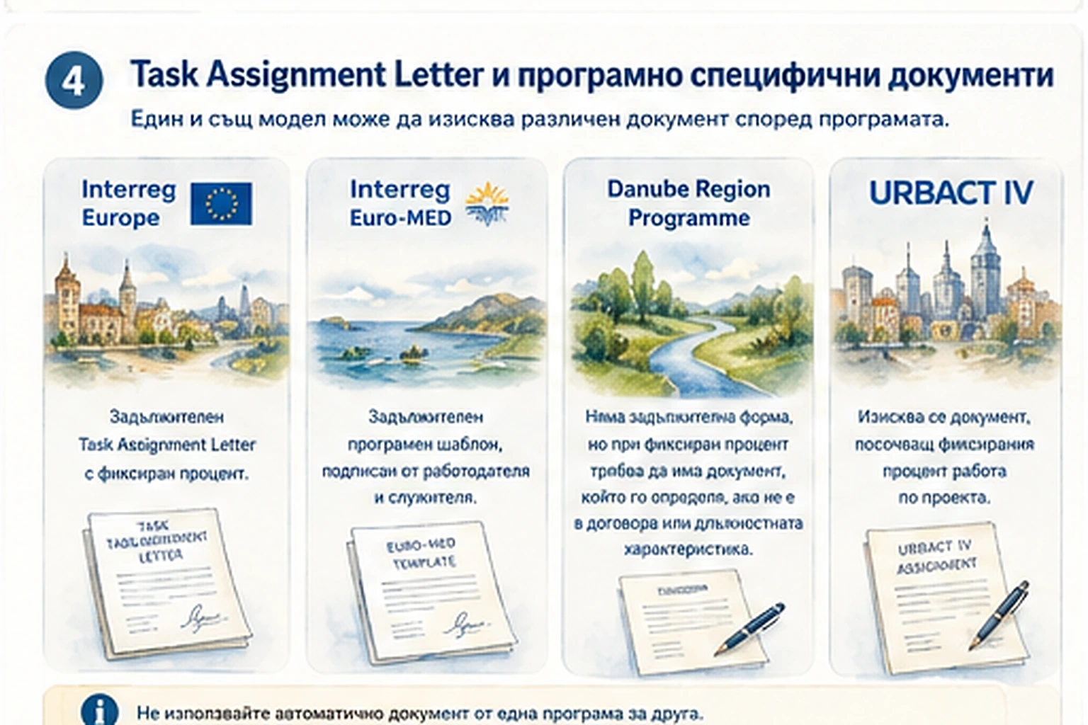 Сравнение на документите за възлагане на задачи по Interreg Europe, Euro-MED, Danube Region и URBACT IV
