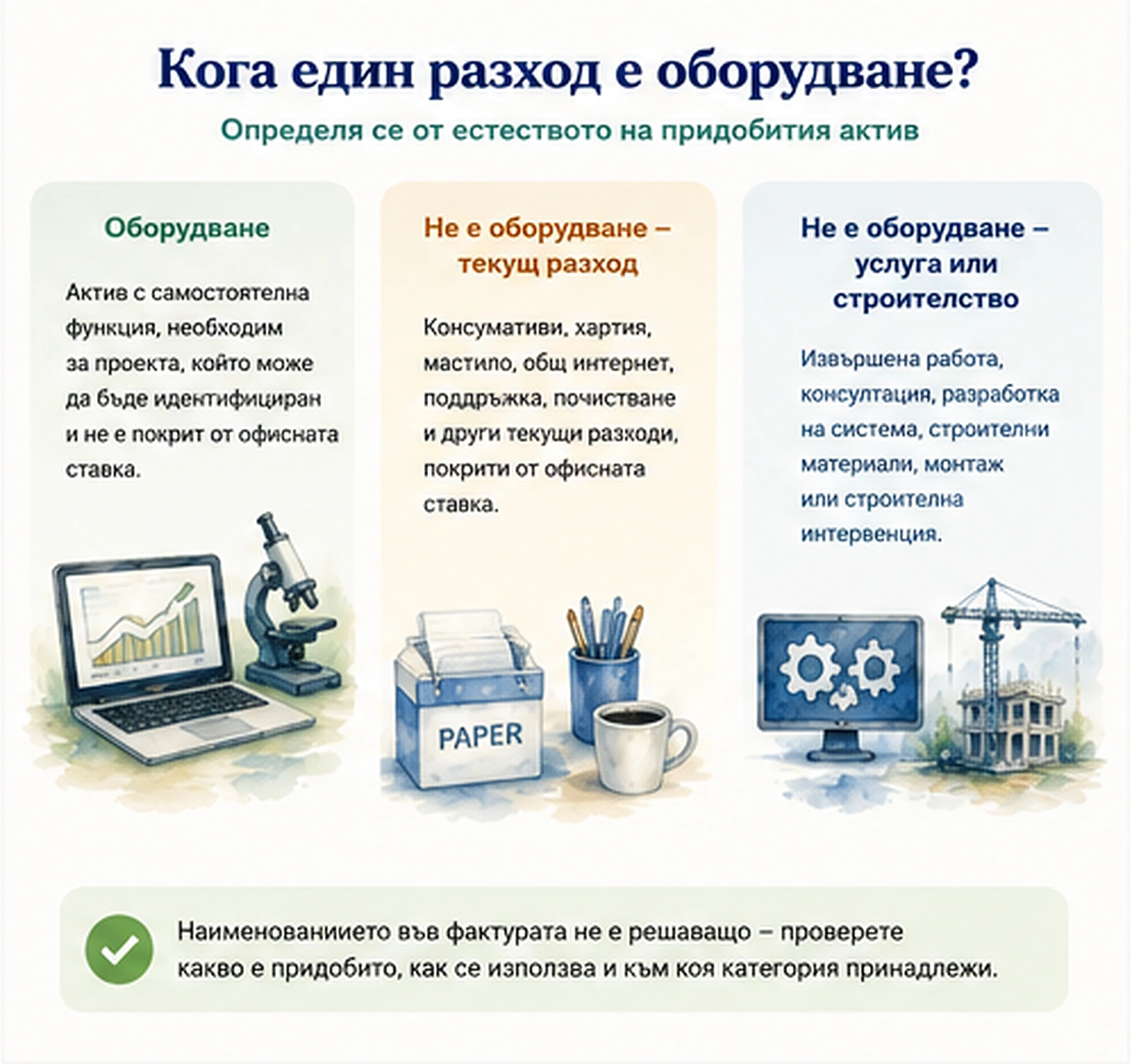 Разграничаване на оборудване, текущ офисен разход и услуга