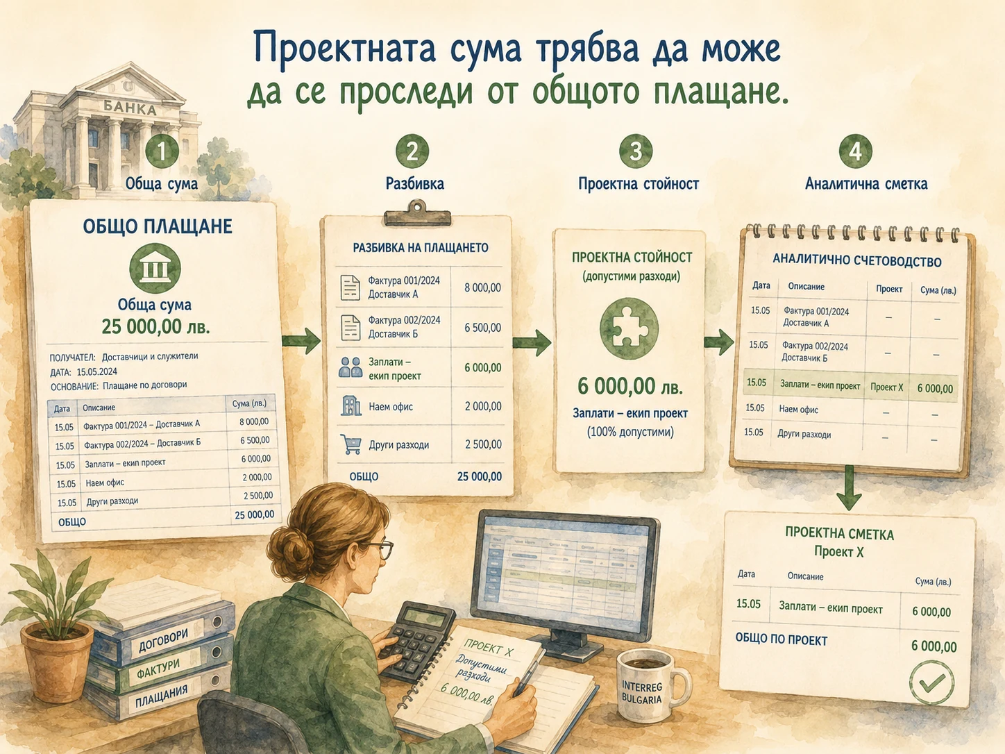 Разделяне на общо банково плащане до проектната стойност и аналитичната счетоводна сметка