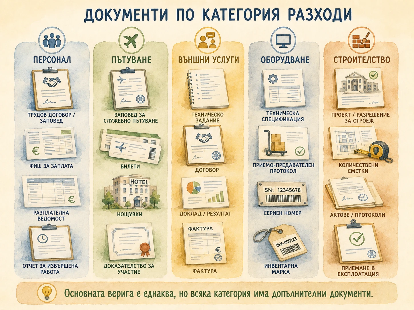 Характерни документи за персонал, пътуване, външни услуги, оборудване и строителство