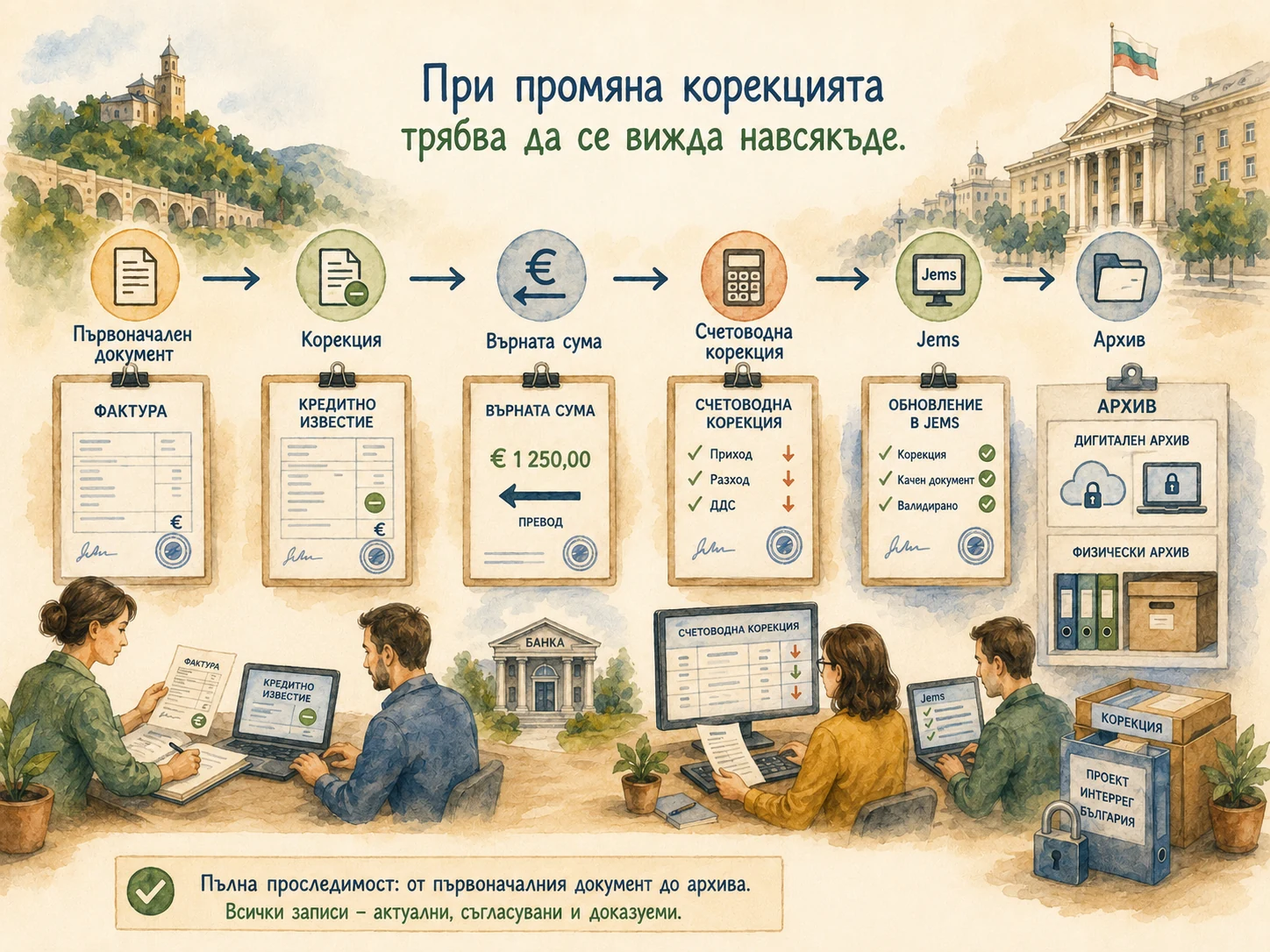 Последователност от първоначална фактура през кредитно известие и счетоводна корекция до Jems и архива