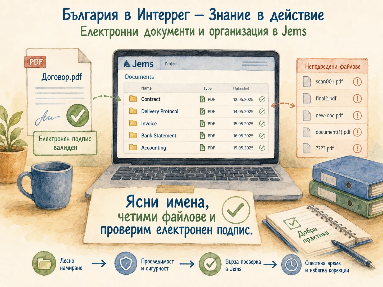 Електронно подписан документ и подредени файлове в Jems, сравнени с неразпознаваеми имена