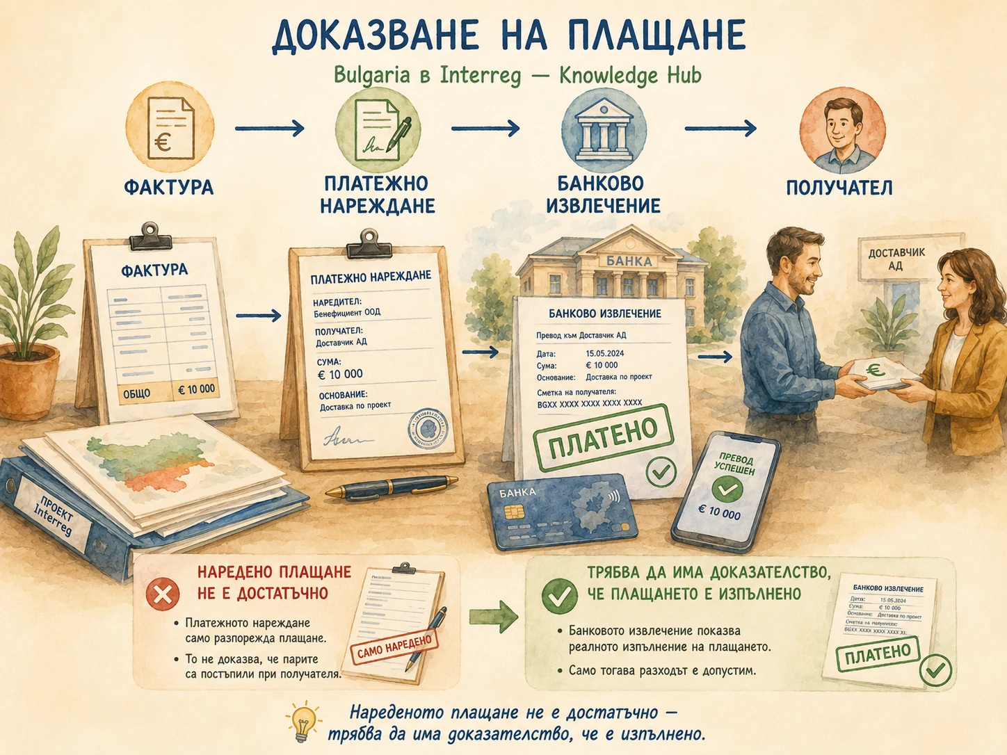 Последователност от фактура и платежно нареждане до банково извлечение и получател