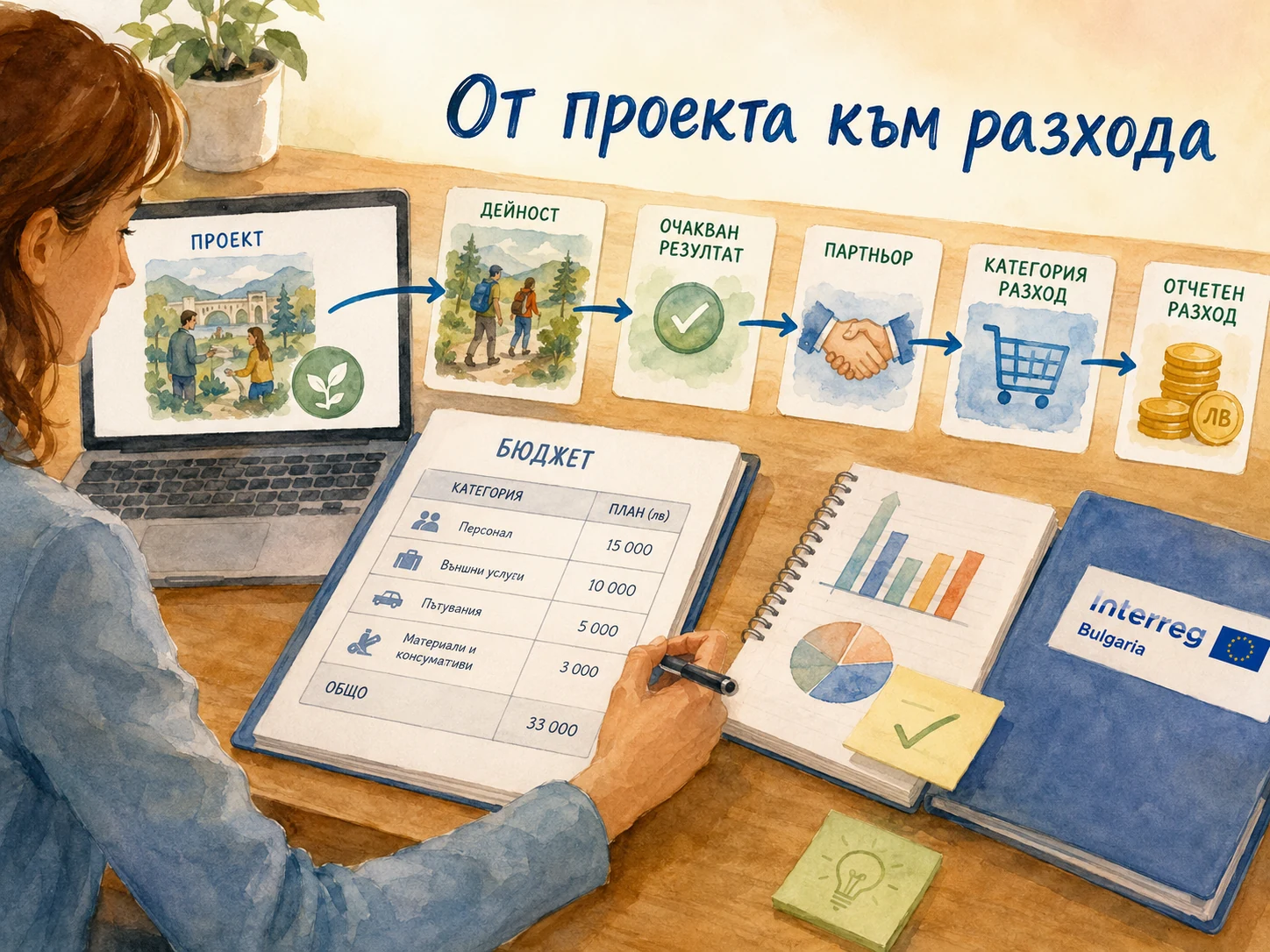 Проследяване от одобрената проектна дейност и бюджета до конкретния отчетен разход
