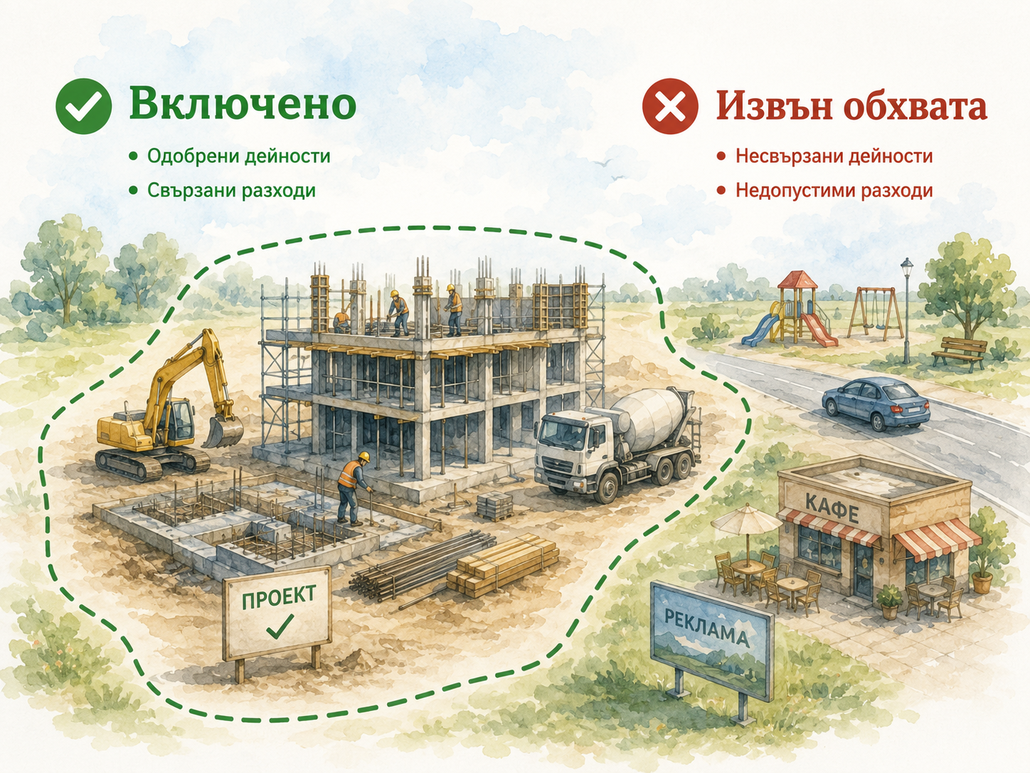 Разграничаване между включени строителни работи и разходи извън обхвата
