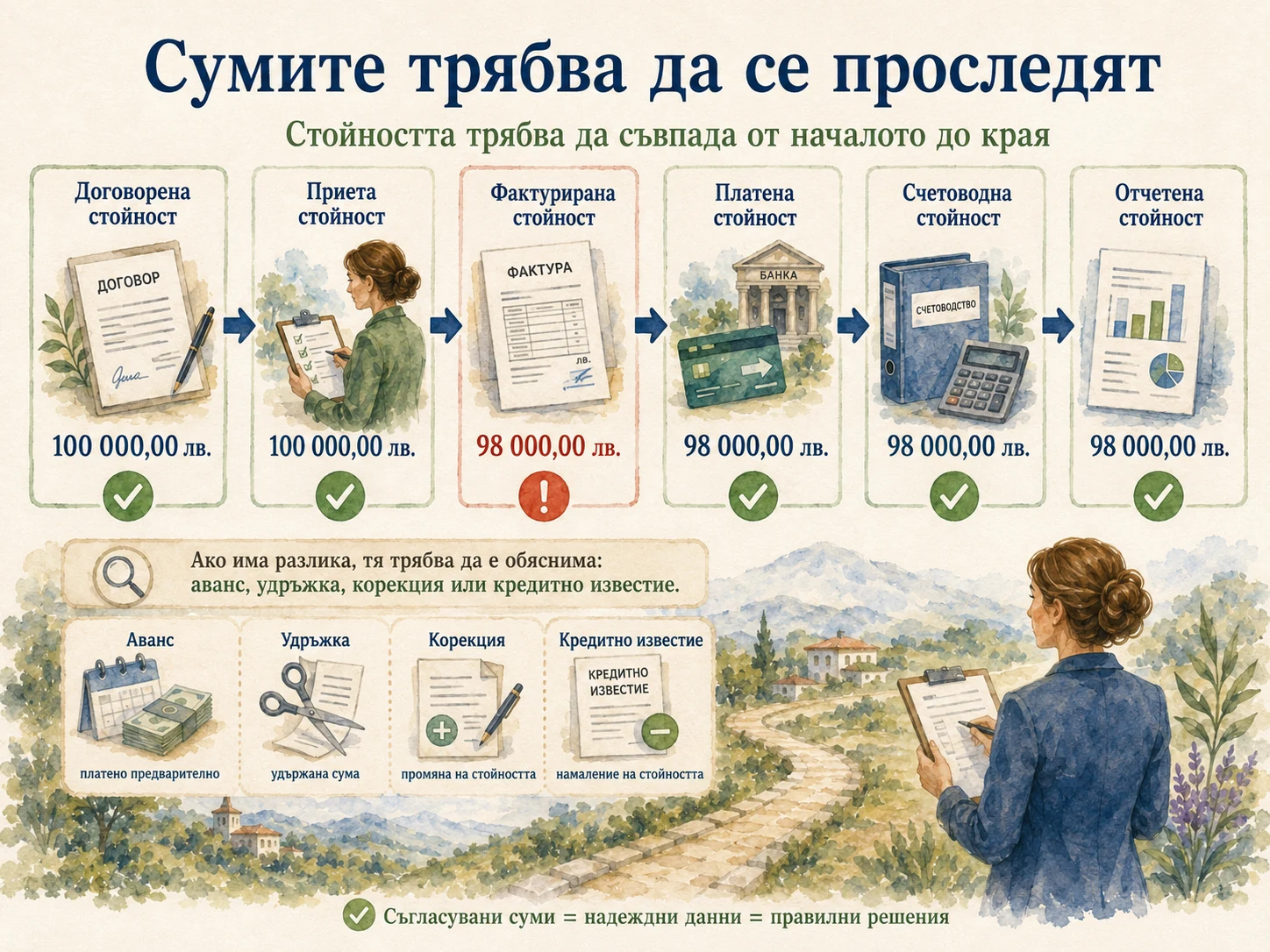 Проследяване на договорена, приета, фактурирана, платена, счетоводна и отчетена стойност