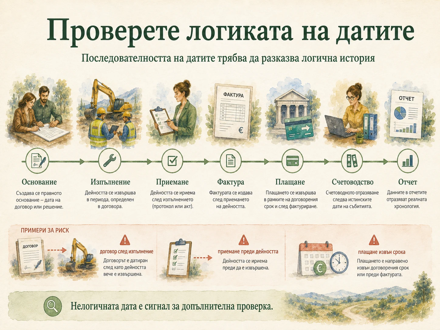 Логична последователност на датите от основанието до отчета и примери за рискови дати