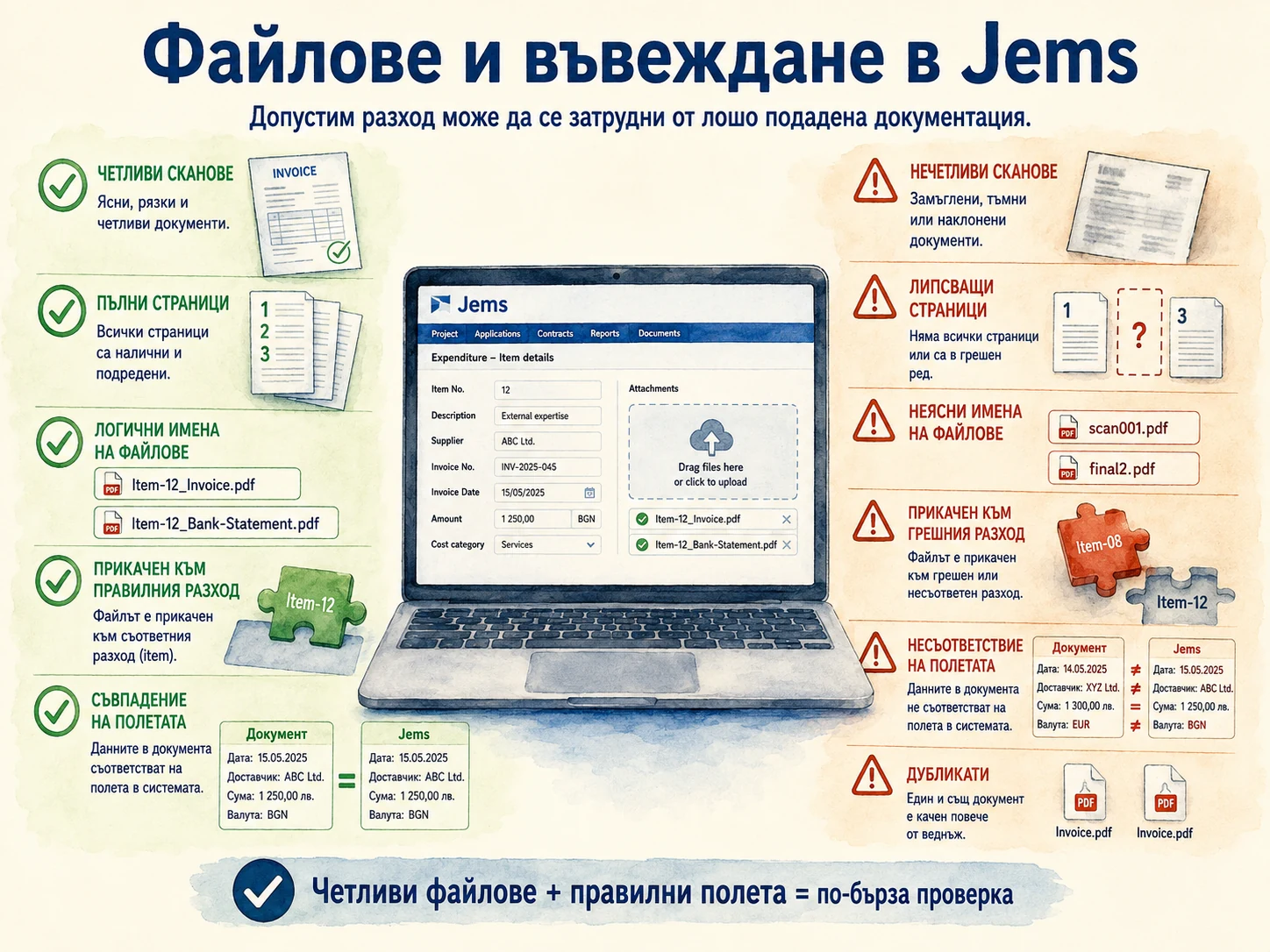 Добри практики и рискове при файловете и въвеждането на данни в Jems