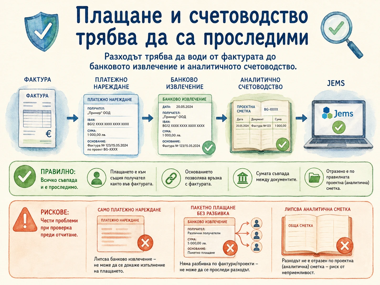 Проследимост от фактурата през банковото извлечение и аналитичното счетоводство до Jems