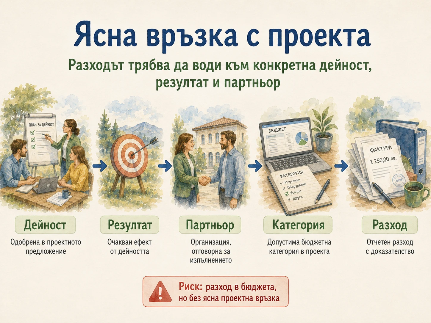 Последователност от проектна дейност и резултат до партньор, категория и отчетен разход