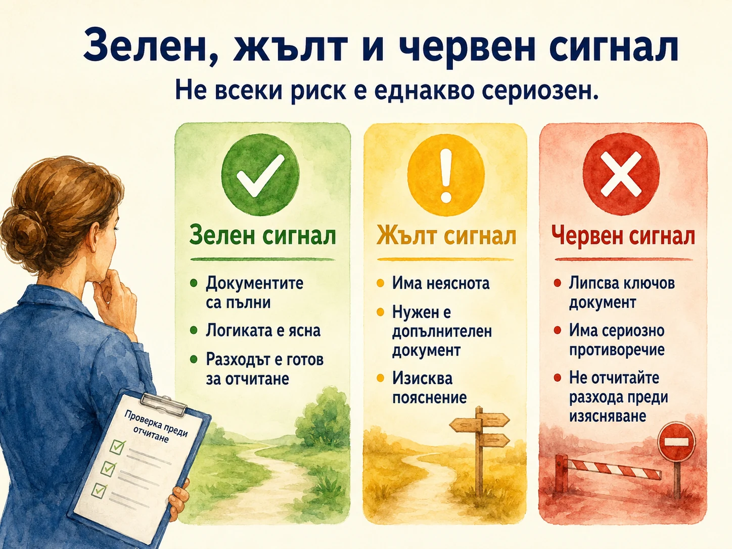 Зелен, жълт и червен сигнал според сериозността на риска