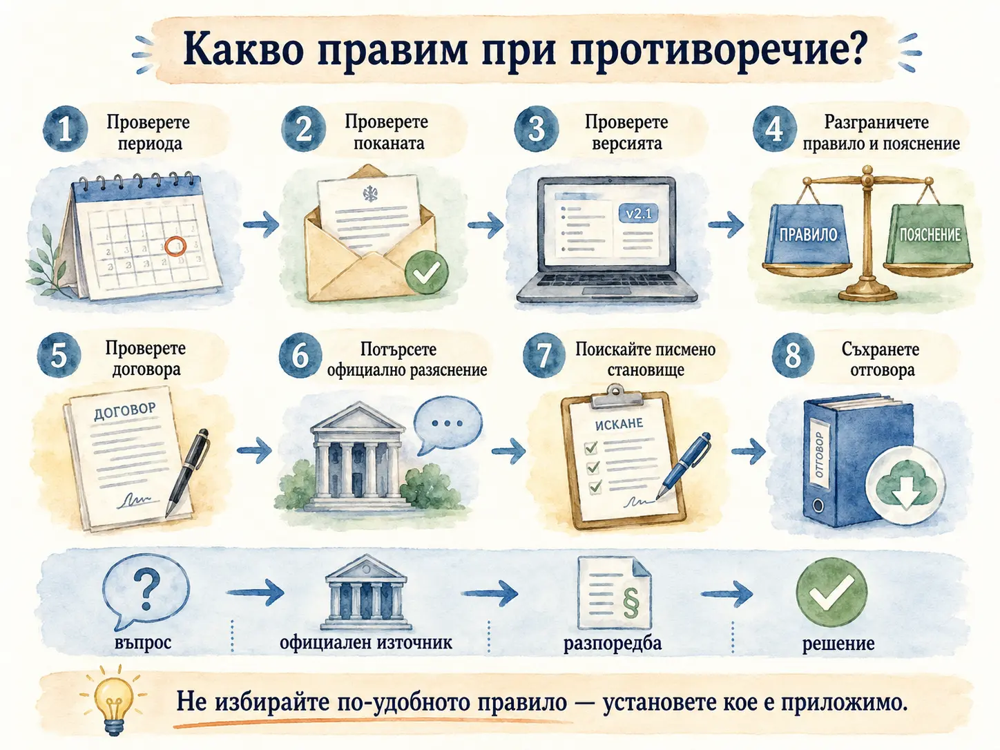 Последователност за работа при противоречие между източници: период, покана, версия, договор, разяснение и писмен отговор