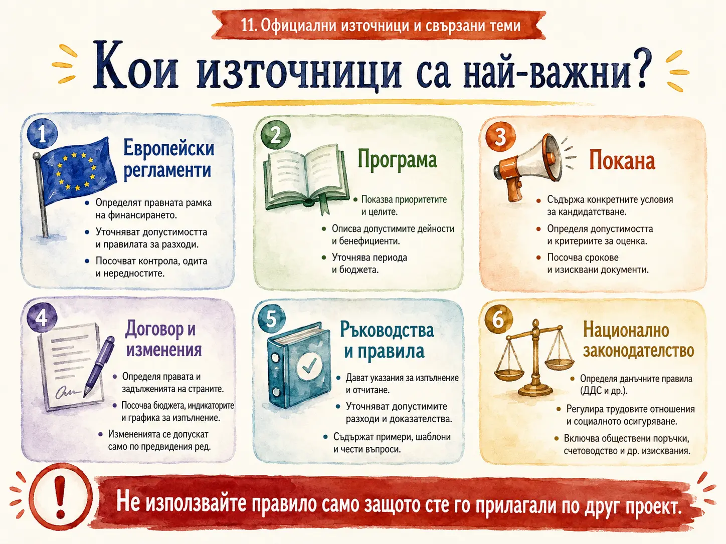 Ключови видове официални документи: регламенти, програма, покана, договор, ръководства и национално законодателство
