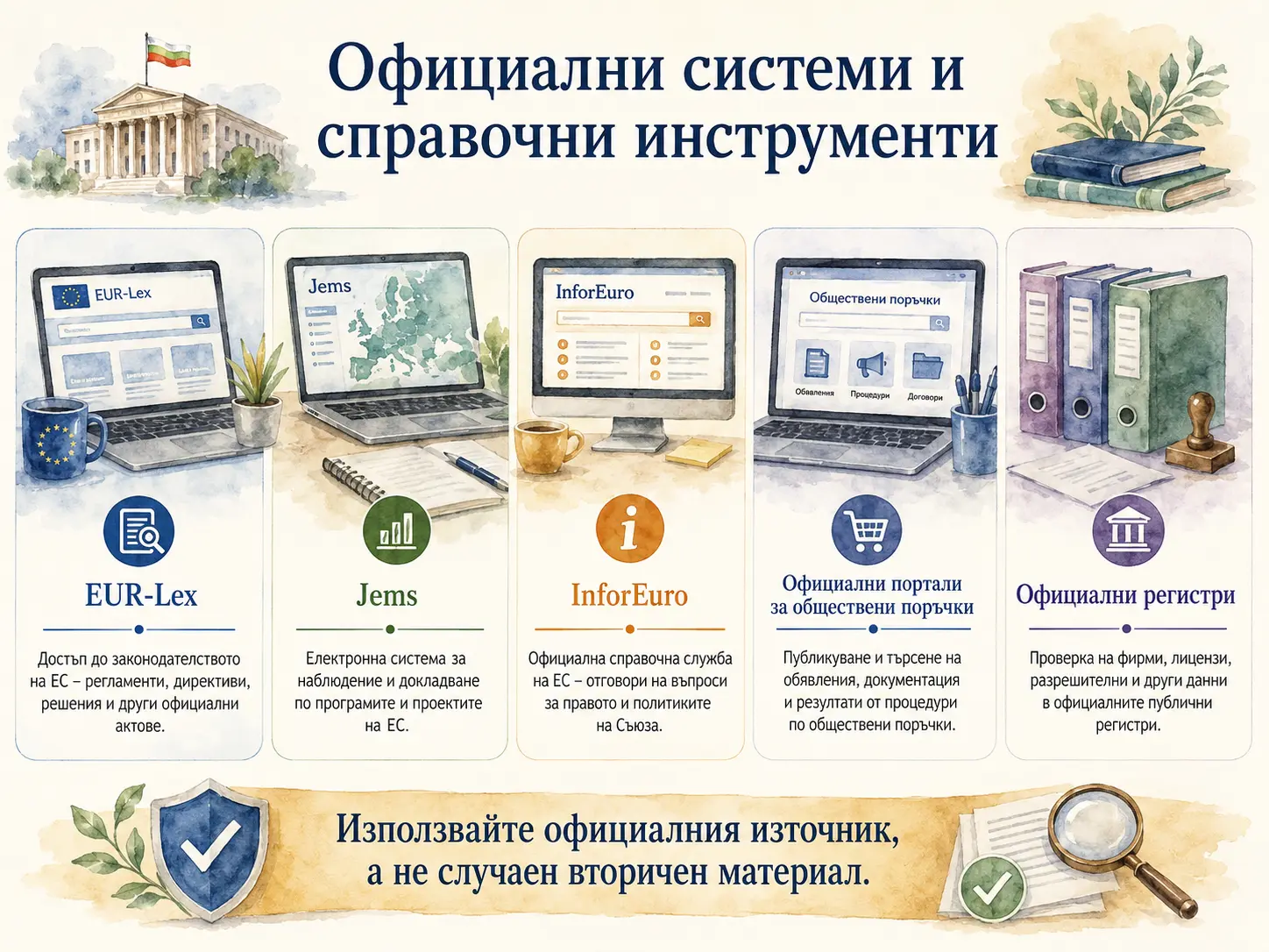 EUR-Lex, Jems, InforEuro, официални портали за обществени поръчки и официални регистри