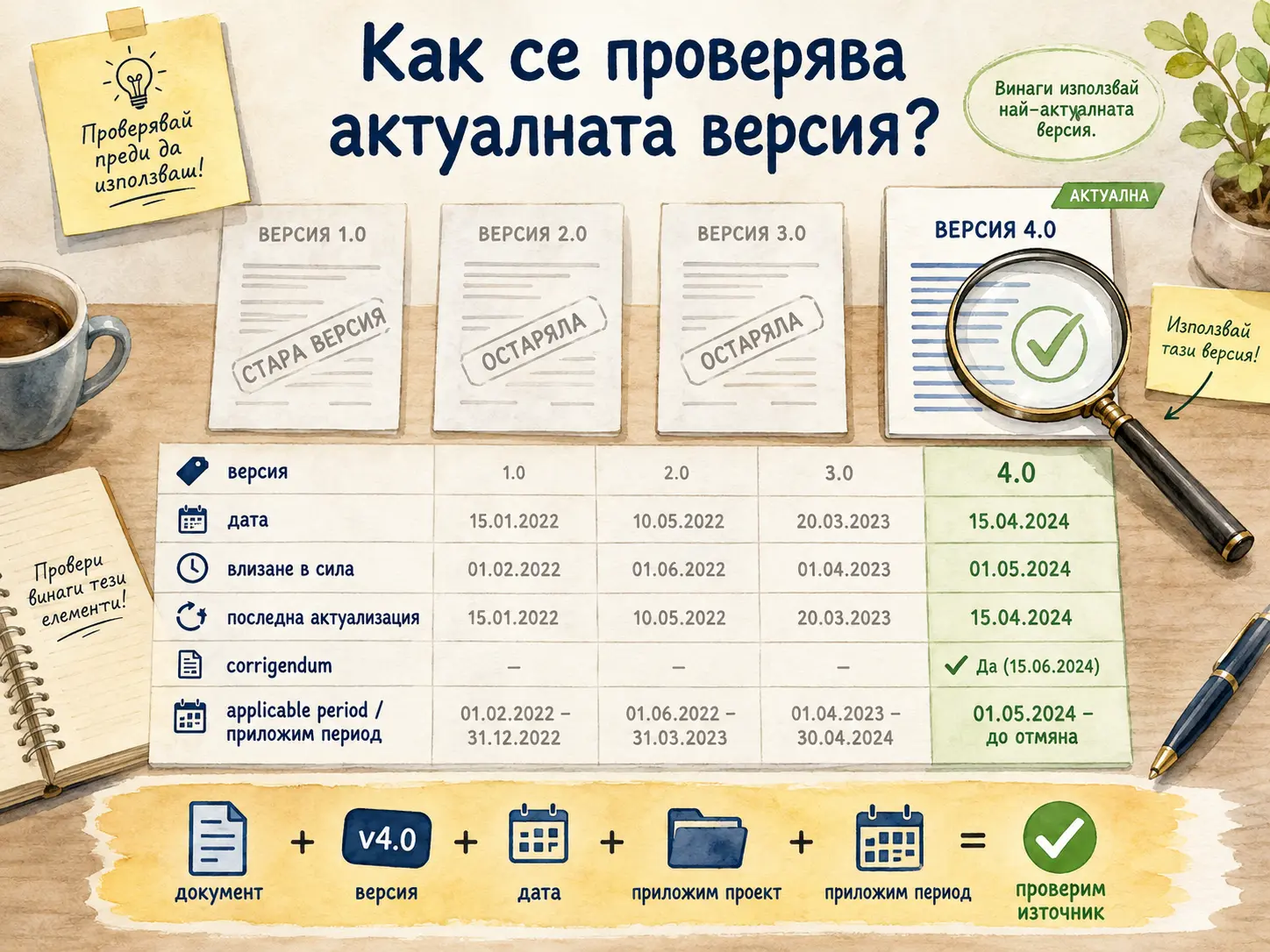 Проверка на версия, дата, влизане в сила и приложим период на официален документ