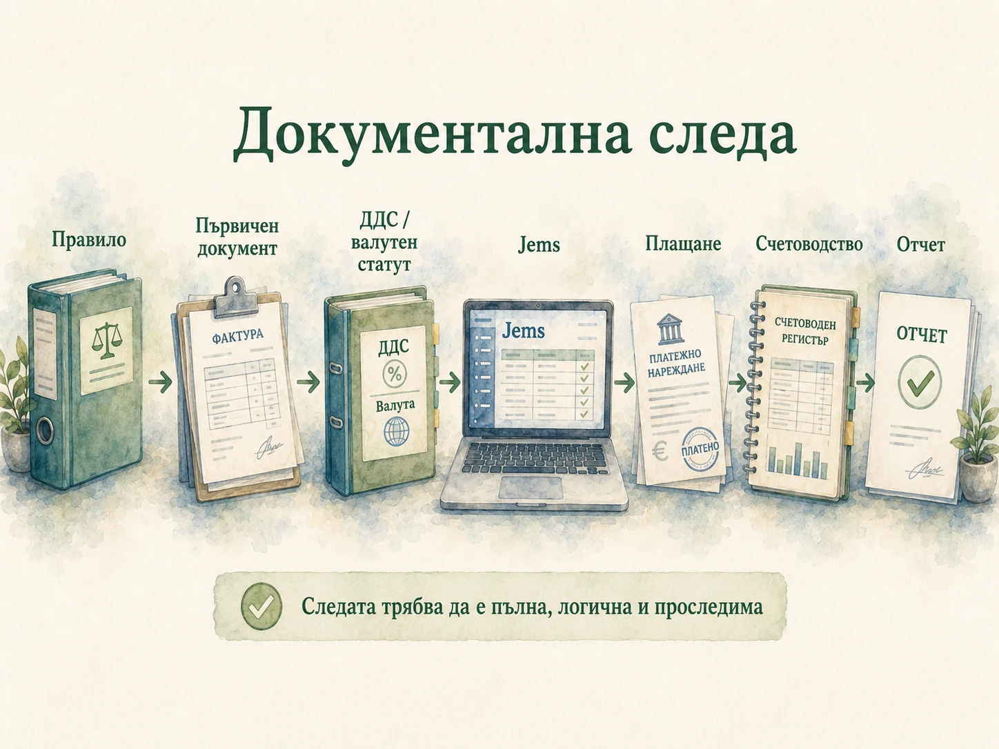 Документална следа от приложимото правило до фактурата, Jems, плащането, счетоводството и отчета