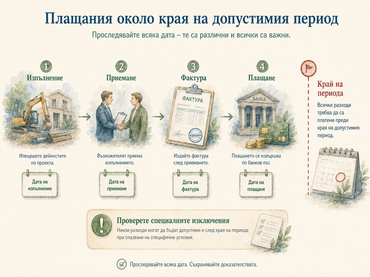 Последователност на изпълнение, приемане, фактура и плащане спрямо края на допустимия период
