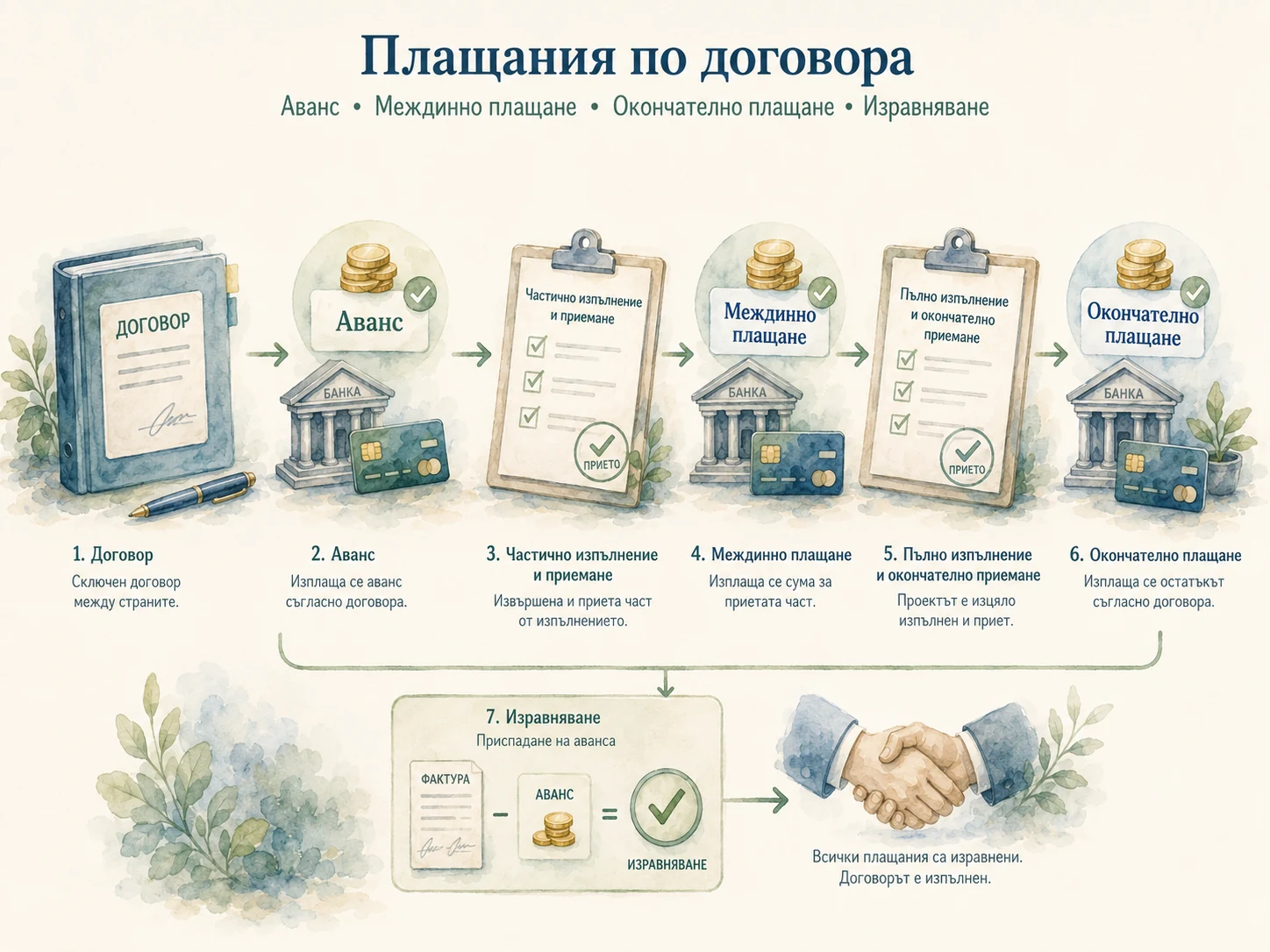 Последователност от договор и аванс до междинно и окончателно плащане и изравняване