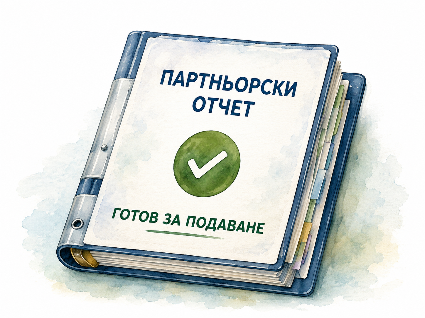 Папка Партньорски отчет с отметка и надпис Готов за подаване