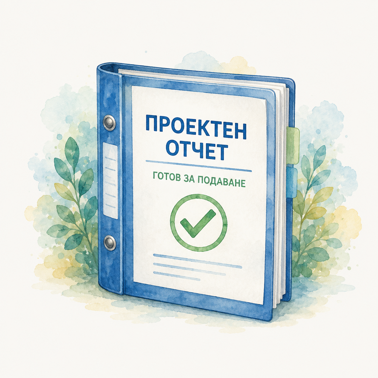 Папка Проектен отчет с отметка и надпис Готов за подаване
