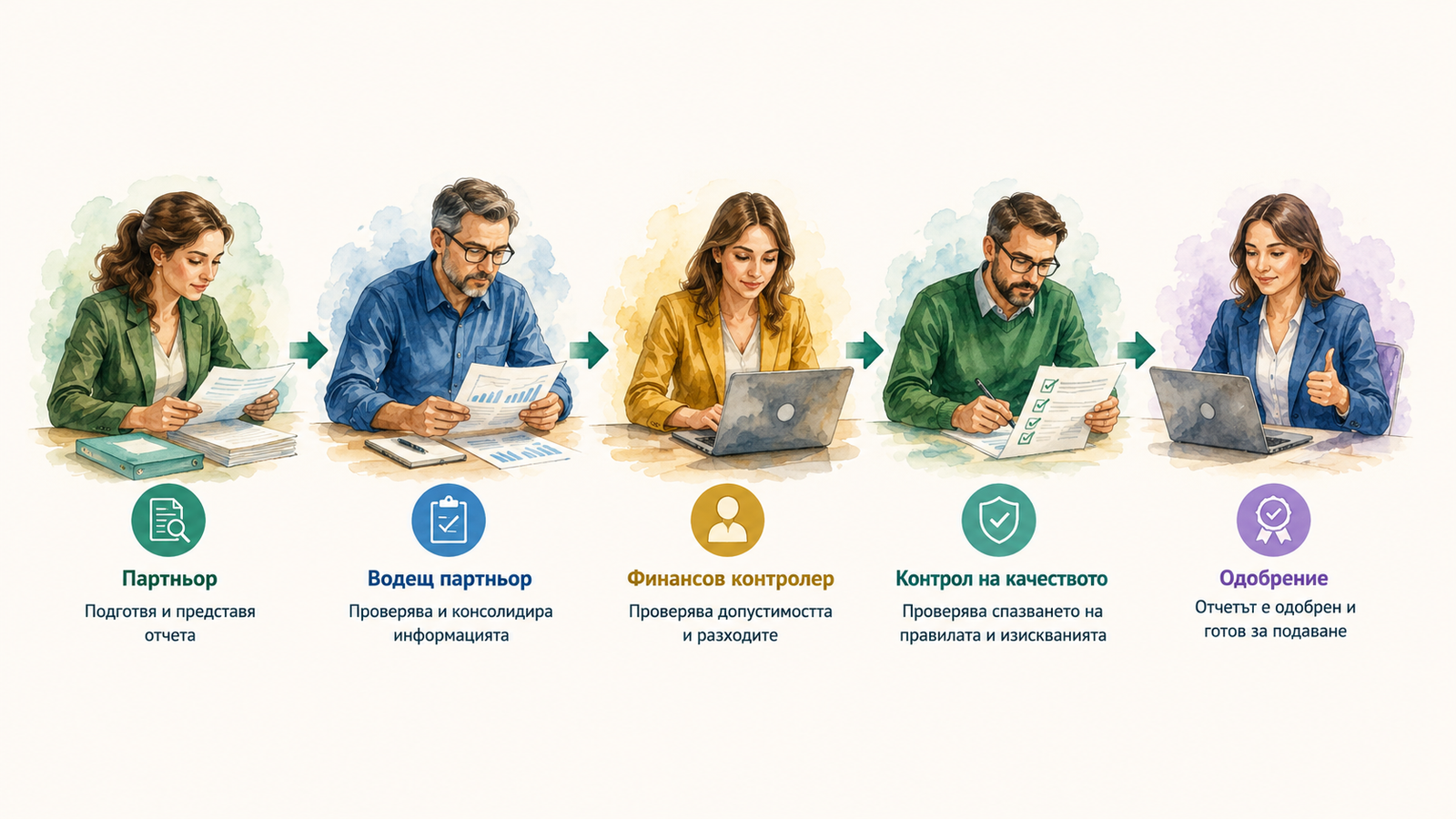 Последователност на проверка от партньор, водещ партньор, финансов контролер, контрол на качеството и одобрение
