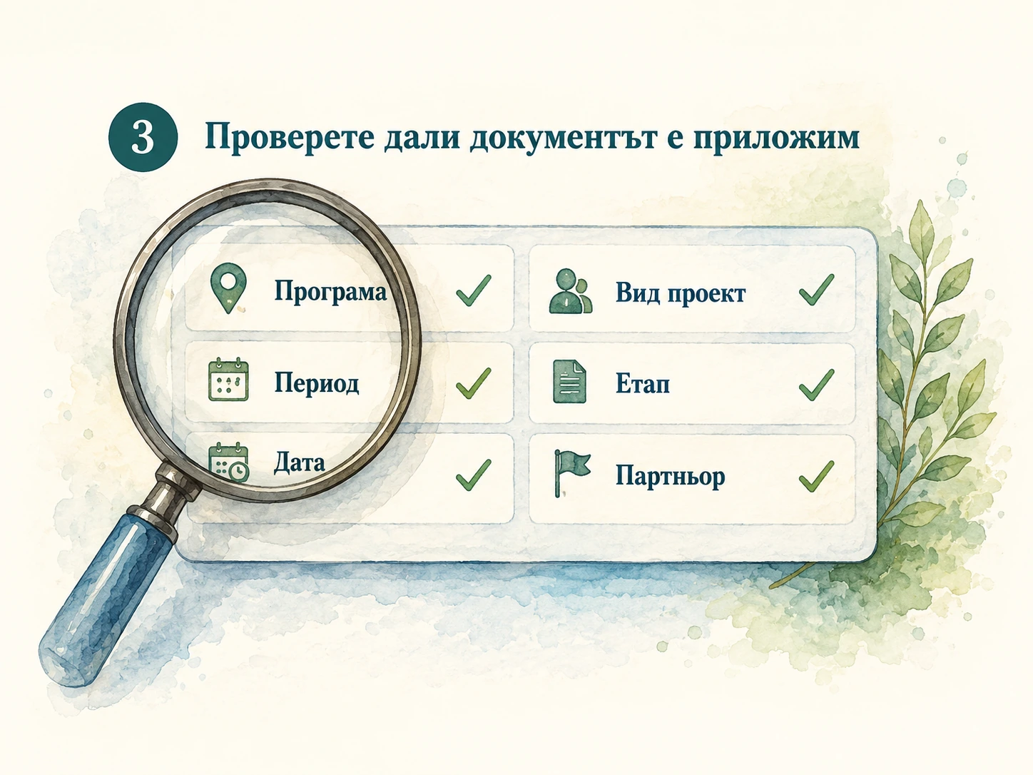 Самостоятелна акварелна проверка с лупа за програма, период, дата, етап и партньор