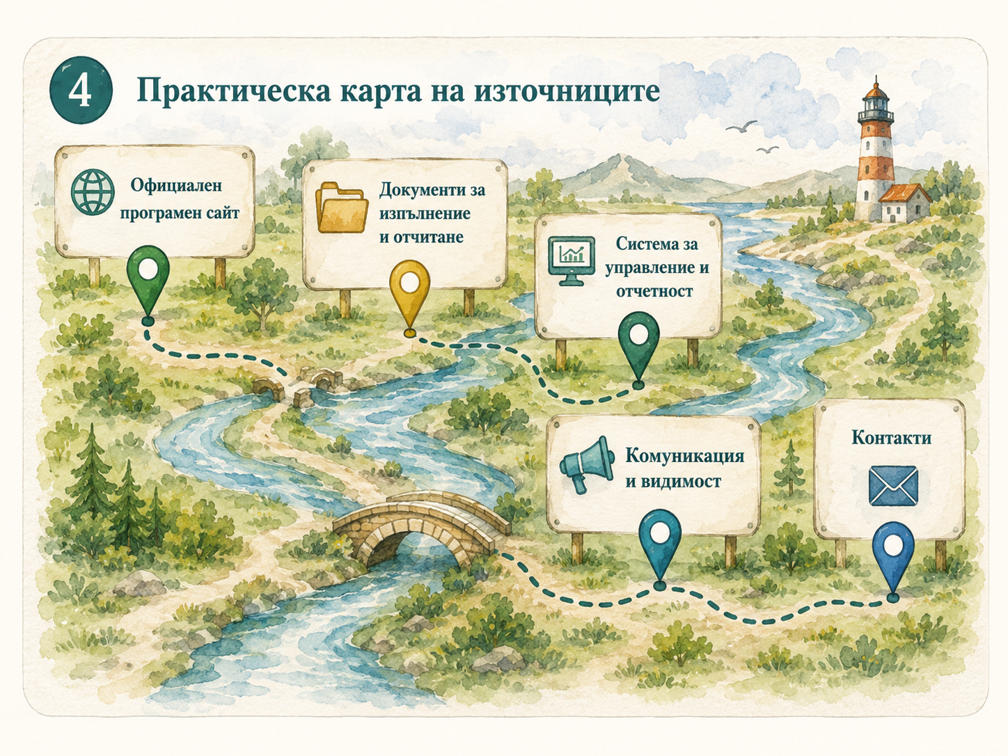 Самостоятелна акварелна карта на петте основни официални входа за всяка програма